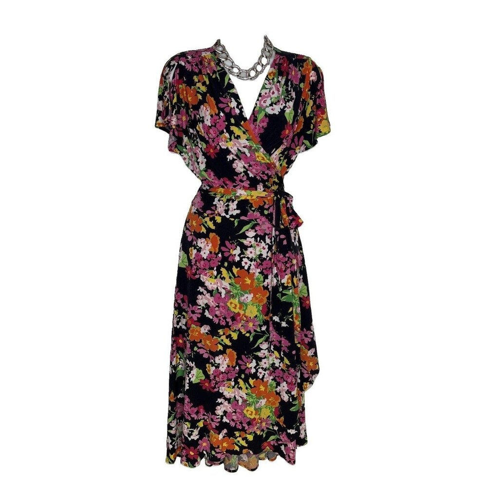 Vicky Tiel Vintage Floral Vibrant Wrap Midi Jersey A Line Tie Waist Dress L
